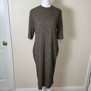 Love J L Camo Green White Heathered Quarter Sleeve Mock Neck Ribbed Midi Dress